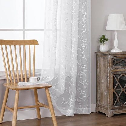 VISIONTEX White Sheer Voile Curtains, Decorative Leaves Embroidery Faux Linen Rod Pocket Window Drapes for Home Kitchen, Living Room and Bedroom 54 x 108 Inch, Set of 2 Curtain Panels
