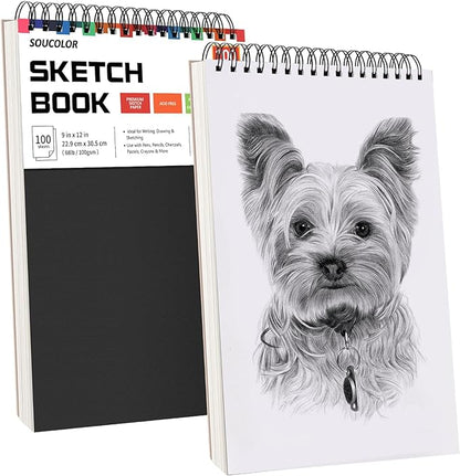 Professional Drawing Supplies for Sketch, Charcoal, Colored, Graphite, Pastel Pencils & Sticks. Soucolor 2-Pack 9" x 12" Sketch Book, 200 Sheets Spiral Bound 68lb/100gsm Paper for Kids Adults Artists