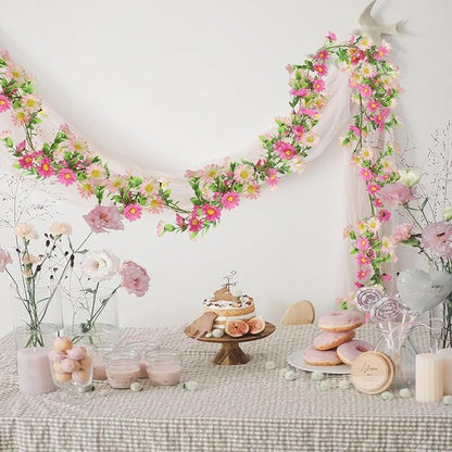 2 Pack Pink Flower Garland Daisy Flowers Silk Artificial Wildflower 13ft Wedding Floral Garland Fake Hanging Vines for Party Decoration Wall Backdrop Table Runner Indoor Outdoor Decor Multicolored