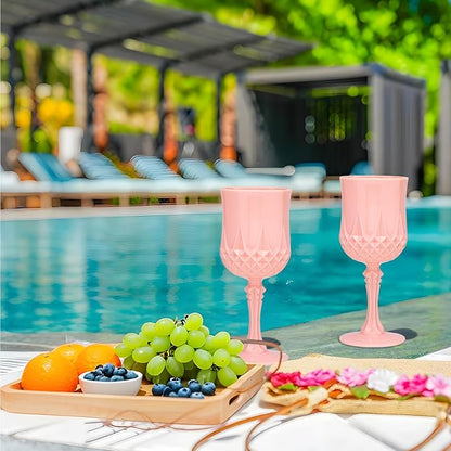 Plastic Vintage Wine Glasses 7OZ Plastic Goblets Vintage Drinking Glasses 12PCS Retro Wedding Glassware Water Goblets Reusable Drinking Cups for Party,Reception,Celebration,Bar,Whiskey(Light Pink)