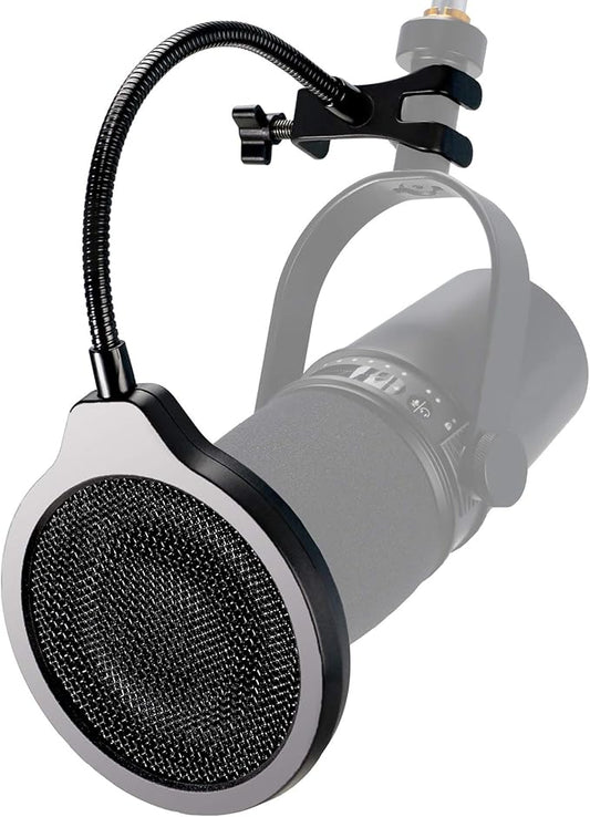 YOUSHARES Pop Filter - 4 Inch 3 Layers Metal Windscreen with Flexible 360° Gooseneck Clip Mic Mask Shield Compatible with Shure MV7 Mic
