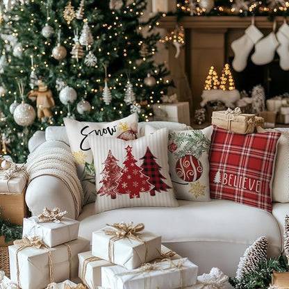 GEEORY Winter Christmas Throw Pillow Covers 16 x 16 Inch Set of 4, Xmas Trees Snowflake Snowman Joy Holiday Farmhouse Decorative Cushion Cases for Home Decoration G583-16