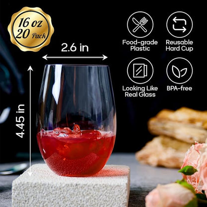 FOCUSLINE 20 Pack 16 Oz Plastic Wine Glasses, Stemless Plastic Wine Cups Heavy Duty, Unbreakable Disposable Wine Glasses for Wedding or Party