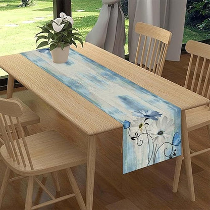 Farmhouse Floral Table Runner, Spring Seasonal Daisy Flower Retro Wooden Country Table Center Decor for Home Kitchen Dining Patio Holiday Party Indoor Outdoor Table Decorations, 13"x108" Inch