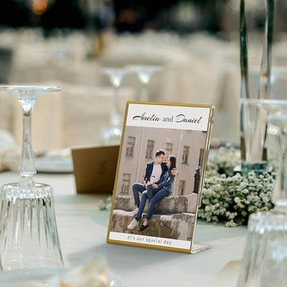 NIUBEE 6 Pack 5 x 7 Acrylic Gold Frame, Slanted Back Table Sign Holder for Wedding Table Numbers, Restaurant Signs, Photos and Art Display Visit the Store