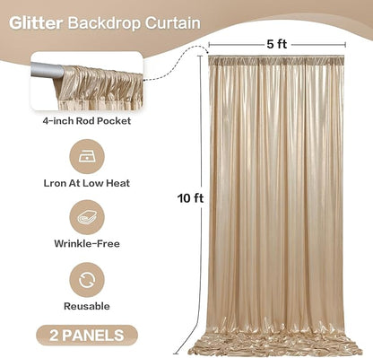 gogoparti 10x10FT Champagne Gold Sequin Backdrop Curtain - 2 Panels of 5x10FT Wrinkle-Free Glitter Drapes for Photography, Birthdays, Weddings & Graduations