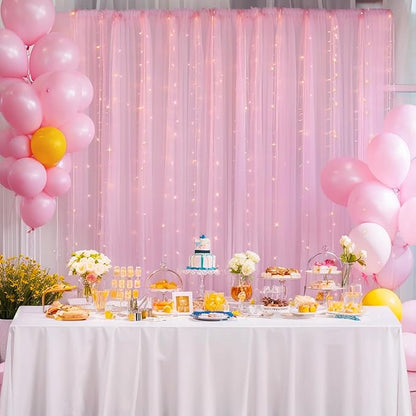 30×10ft Pink Tulle Backdrop Curtain with Lights String for Parties, Sheer Photo Backdrop Curtains for Wedding Party Photography Background
