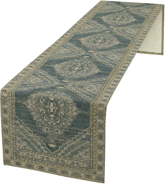 Boho Floral Vintage Table Runner, Blue Teal Retro Flower Rustic Country Farmhouse Pattern for Home Kitchen Table Decor Dining Coffee Room Party Decor 13x108in