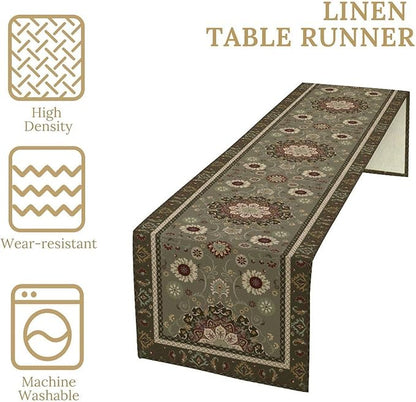 Vintage Paisley Floral Table Runner, Brown Boho Rustic Farmhouse Flower Pattern for Home Kitchen Table Decor Dining Coffee Room Party Decor 13x120in