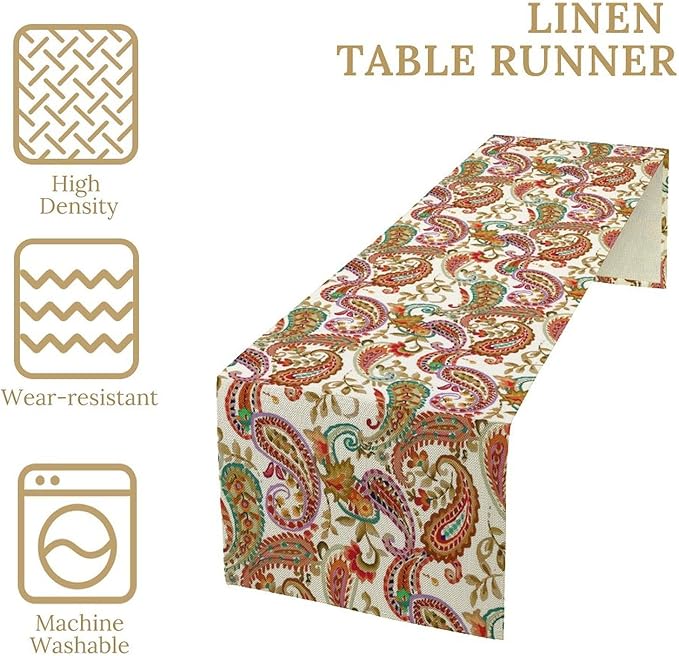 Colorful Paisley Table Runner, Boho Vintage Pink Red Teal Floral Leaves Print Table Runner for Home Kitchen Dining Table Holiday Party Decor, 13x108inch