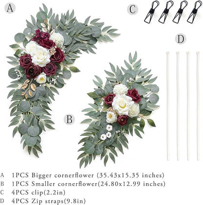 Artificial Burgundy Flower Swag Set of 2 for Wedding Welcome Signs Floral Decorations, Wedding Arch Flowers for Wedding Ceremony, Ivory Wedding Flower