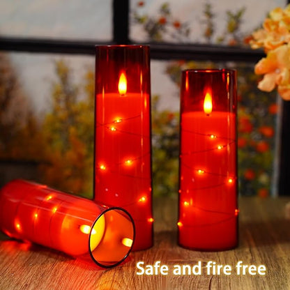 Flickering Flameless LED Candles,Battery Operated Candles 9 Pcs with Embedded Star String,Acrylic LED Pillar Candles with Remote,Suitable for Home Decoration to Create an Atmosphere（Red）