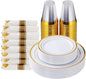Goodluck 175 Piece Gold Plastic Dinnerware Set for 25 Guests, Fancy Disposable Plates for Party, Include: 25 Dinner Plates, 25 Dessert Plates, 25 Pre Rolled Napkins with Gold Silverware, 25 Cups
