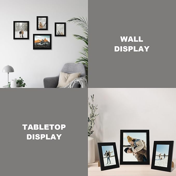 8x10 Picture Frame Set of 4, High Definition Glass Black Picture Frame, 8 x 10 Wood Rustic Photo Frames for Horizontal or Vertical Table Top and Wall Mounting
