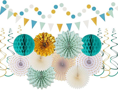 Teal-Gold Sage Green Party-Decoration - 33pcs Kits Tissue Pom Poms Honeycomb,Banner,Streamers Tassel Garland,Paper Lantern Fans,Wedding Engagement Bachelorette Birthday Baby Bridal Shower Decor Hugtmr