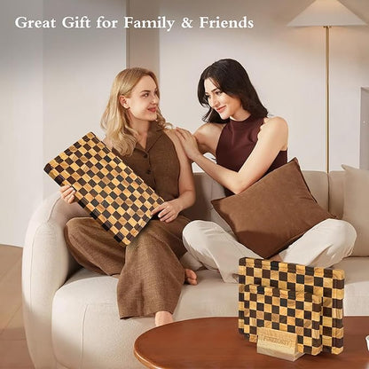 Checkered Cutting Boards for Kitchen, Wood Cutting Board Sets, Walnut Rubber & Wooden Chopping Boards with Anti-Slip Base and Guide Groove, Chessboard Carving Used for Cutting Vegetables Fruits & Meat