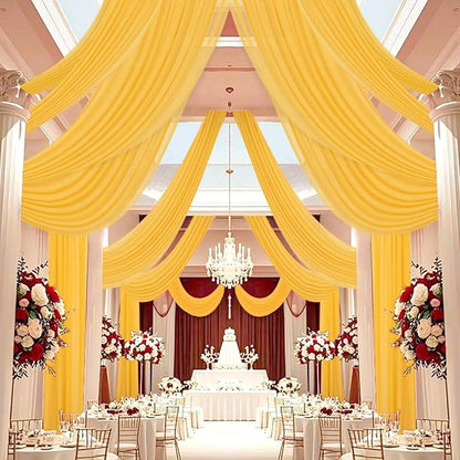 DUOBAO Chiffon Ceiling Drapes 20FT 6 Panels Gold Sheer Wedding Backdrop Curtains for Indoor Events Banquet Hall Tent Drapery Soft Draping Fabric for Arches Christmas and Photography