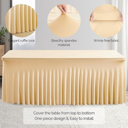 2 Pack Champagne Spandex Table Clothes for 6 Foot Rectangle Tables, 6FT Wrinkle Free Fitted Tablecloths Ruffles Design Table Cover for Party, Banquet, Wedding and Events