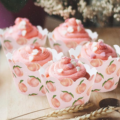Whaline 36Pcs Peach Cupcake Wrappers Watercolor Pink Peach Cupcake Liners Decorative Cupcake Holders for Summer Baby Shower Party Cake Decoration