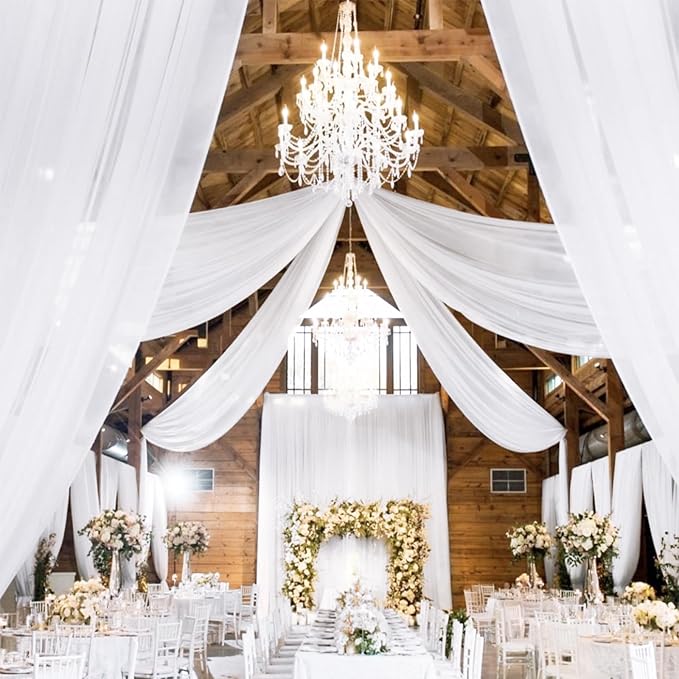 4 Panels White Ceiling Drapes 5ftx20ft Wedding Ceiling Drapes Chiffon Fabric Arch Draping Sheer Curtains Soft Drapery Draping Wedding Ceiling Decorations for Party Ceremony Stage Swag