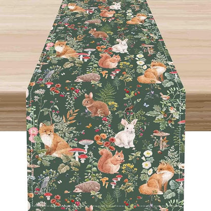 Rustic Woodland Table Runner, Farmhouse Forest Animals Country Lodge Wild Animals Fox Rabbits Table Center Decor for Home Kitchen Dining Patio Holiday Party Indoor Table Decorations, 13"x72" Inch