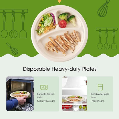 ECOLipak 125 Pack Compostable 3 Compartment Plates, 8.85 inch Heavy-Duty Disposable Paper Plates, Eco-Friendly Biodegradable Sugarcane Bagasse Divided Plate for Dinner