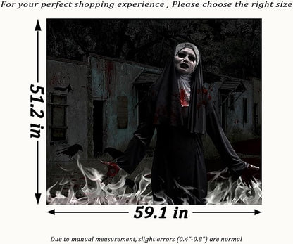 QGHOT Halloween Tapestry, Gothic Horror Movie Tapestry Wall Hanging Spooky Halloween Backdrop Creepy Scary Nun Haunted House Wall Decor for Bloody Party Decorations (59.1"x51.2")
