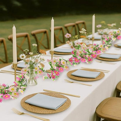 2 Pack Pink Flower Garland Daisy Flowers Silk Artificial Wildflower 13ft Wedding Floral Garland Fake Hanging Vines for Party Decoration Wall Backdrop Table Runner Indoor Outdoor Decor Multicolored