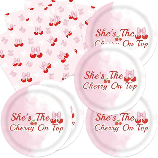 40pcs Cherry Birthday Decorations Bow Cherry Themed Plates and Napkins for Fruit Cherry Theme Birthday Baby Shower Table Decorations,for 20 Guests