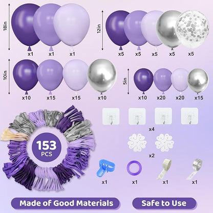 Amandir 153pcs Purple Balloon Garland Arch Kit, Different Sizes 18 12 10 5 inch Lavender Latex Metallic Confetti Silver Balloons for Girls Women Wedding Birthday Baby Shower Party Decorations Supplies