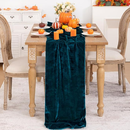 Peacock Green Velvet Table Runner Fall Thanksgiving Turquoise Table Runner 20 x 120 Inch Luxurious Elegant Velvet Fabric Table Decorations for Christmas Dinner Wedding Bridal Baby Shower