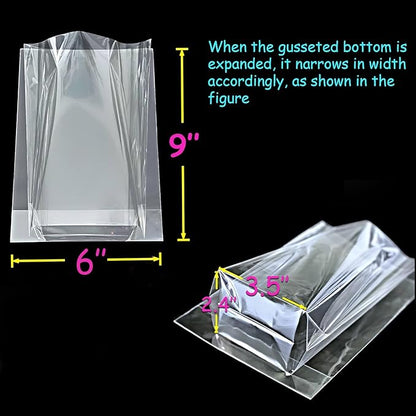 PigPotParty Cellophane Treat Bags 6"x9", 50 Pack Clear Goodie Bags, 2.4" Bottom Gusset for Stand-Up Display, Small Plastic Gift Wrap for Cookies, Candy, Party Favors, Popcorn, Includes 50 Gold Ties