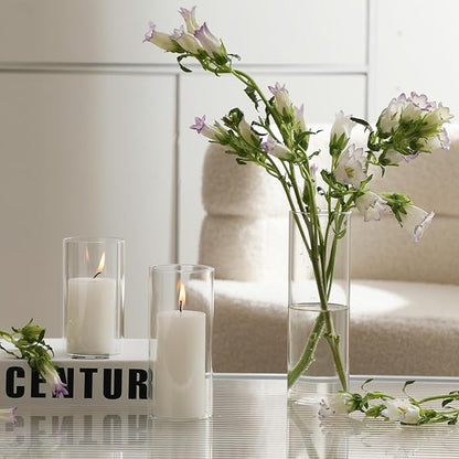 UDU Set of 12 White Pillar Candles and 12 Glass Cylinder Vases Hurricane Holders, Slim Pillar Candle Holder, Cylinder Vases for Centerpieces Wedding Table Party Home Decor(2.6" X 4.7", 5.9", 7.9")