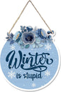 CGBHW Funny Navy Blue Winter Christmas Wooden Sign, Winter Snowflake Snowy Dusty Blue Flowers Decoration Hanging Sign Wall Decor, Christmas Seasonal Holidays Wooden Signs for Home Door Decor 12 x 12 Inch