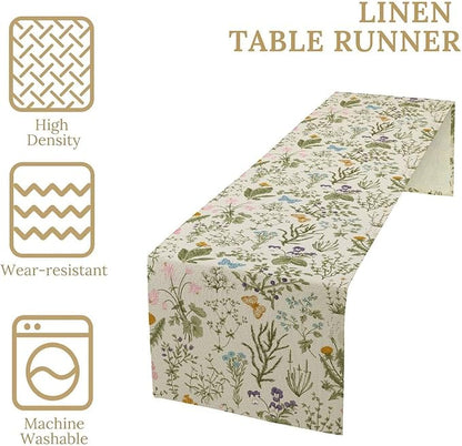 Wildflowers Floral Table Runner, Retro Flower Butterfly Seasonal Spring Summer Kitchen Dinning Table Runner for Indoor Outdoor Home Wedding Party Holiday, 13x60 Inch