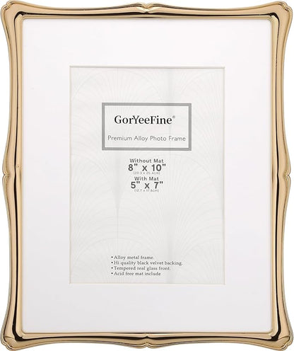 8 x 10'' Premium Alloy Gold Photo Frame with Acid Free 5x7'' Mat - High-End Décor Metal Frames 5x7'' with Black Velvet Back