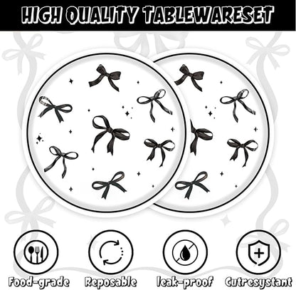 40pcs Black Bow Birthday Decorations Sophisticated Coquette Birthday Supplies,Black Bow Plates and Napkins,Suitable for 20 Guests
