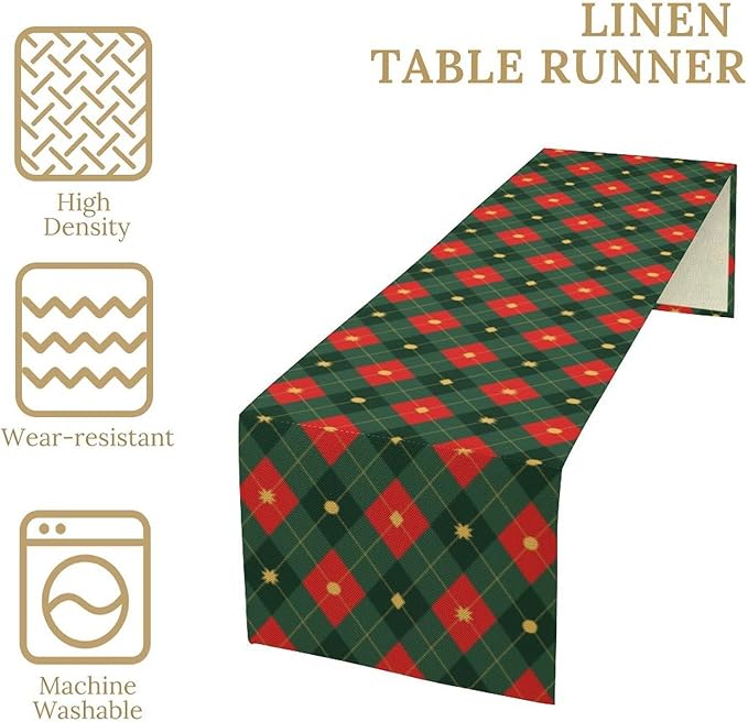 Christmas Table Runner,Green Red Xmas Plaid Table Cloth Kitchen Dining Table Decoration for Home Party Decor 13x36 Inch