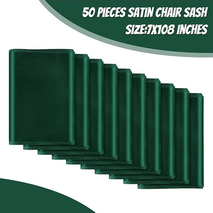 50 PCS Forest Green Satin Chair Sashes Bows Universal Chair Ribbon Ties Back Sash for Wedding Party Reception Events Banquets Hotel Event Chair Cover Decoration (7x108 inch)