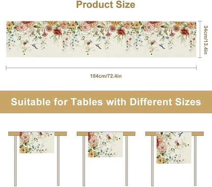 Rustic Floral Table Runner, Watercolor Flower Leaves Hummingbird Butterfly Farmhouse Kitchen Dinning Table Runner for Indoor Outdoor Home Wedding Party Holiday, 13x120 Inch