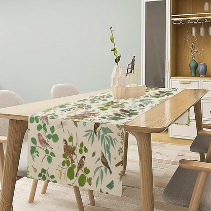 Vintage Bird Flower Table Runner Seasonal Spring Summer Garden Plants Farmhouse Country Kitchen Dining Table Decoration for Home Party Holiday 13"x70"