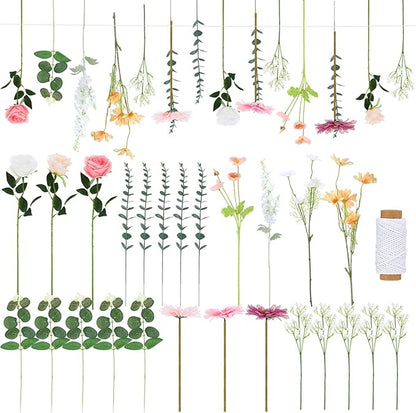 Hoteam 51 Pcs DIY Flower Garland Artificial Hanging Wildflower Backdrop Set Fake Rose Eucalyptus Daisy Poppy Wild Flower Decor for Wedding Party Birthday Home Garden (White,Champagne,Pink)
