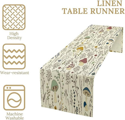Mushroom Table Runner,Colorful Wild Plants and Fungus Botanical Plants Pattern Print Burlap for Hotel Indoors Outdoor Dining Room Kitchen Holiday Party, 13x80in