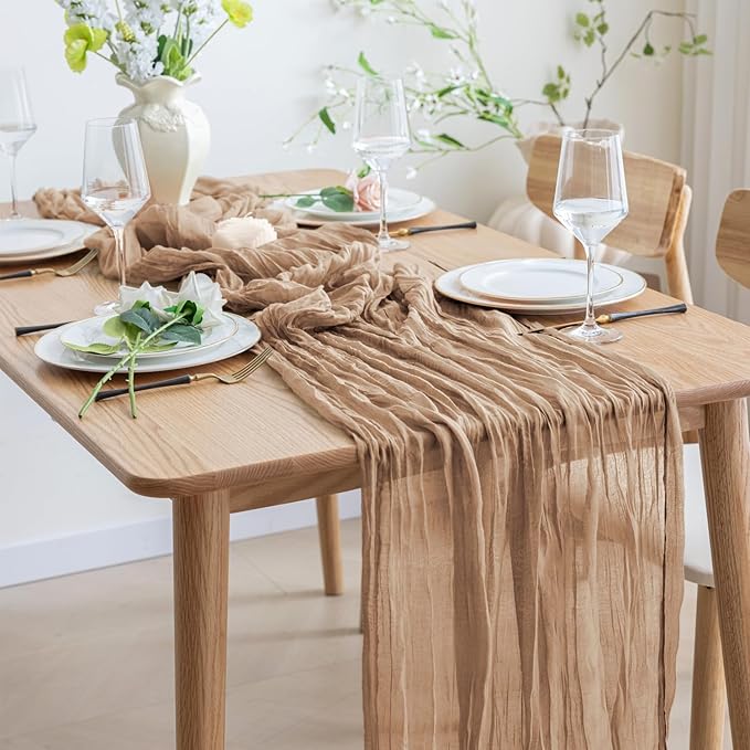 Asee'm 4pcs Cheesecloth Table Runner 120 Inches Long Nude Boho Gauze Cheese Cloth Runner 10FT Rustic Sheer Table Runners for Christmas Wedding Party Baby Shower Spring Easter Decoration