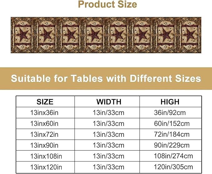 Wild West Table Runner, Rustic Farmhouse Texas Star Vintage Rodeo Cowboy Old Sign Wild West Print Pattern for Home Kitchen Table Decor Dining Coffee Room Garden Party Decor 13x120in