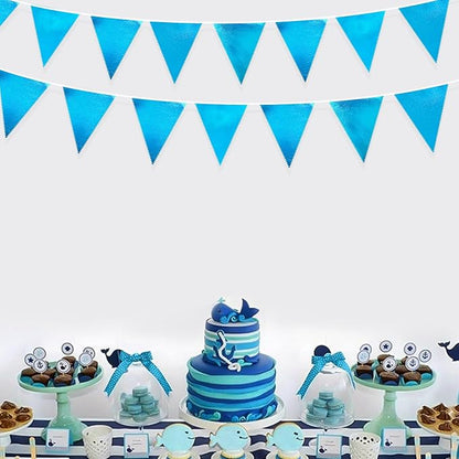 Sky Blue Party Decorations - Light Blue Triangle Pennant Banner Flag - Metallic Fabric Bunting for Graduation, Wedding, Retirement, Birthday, Under The Sea, Nautical, Ahoy, Party Decor Supplies