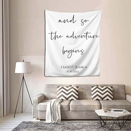 And So The Adventure Begins Custom Tapestry with Names and Date, Rustic Wedding Sign, Personalized Calligraphy Wedding Banner for Ceremony and Reception