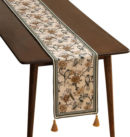 ISAENNE Designer Vintage Beige Linen Table Runner 102 Inches Long,Elegant Floral and Bird Pattern Decor Table Runners for Dining Tables,Thanksgiving,Christmas,Banquet,Party,12"*102"-Murad A