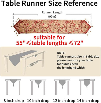 Luxury Vintage Design Table Runner 90 inches Long Embroidery Jacquard Fabric with Multi-Tassels Table Runners for Dining Room Dresser Christmas Thanksgiving Party Decorations (Red, 12X90inch)