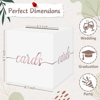 QIKSION White Wedding Card Box, Rose Gold Foil Gift Card Box for Party, Wedding Reception, Graduation, Birthday, Baby Shower, Raffle